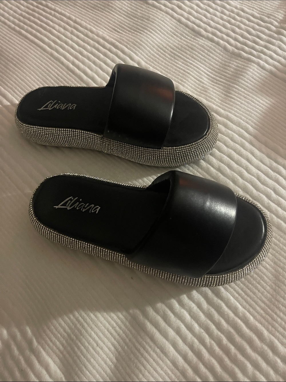 Liliana Black Slide Sandals with Rhinestone-Trimmed Platform